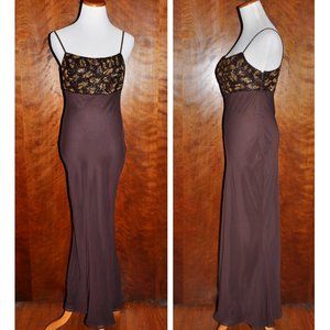 Vintage Dark Brown Icara Empire Waist Beaded Spaghetti Strap Gown Size 4
